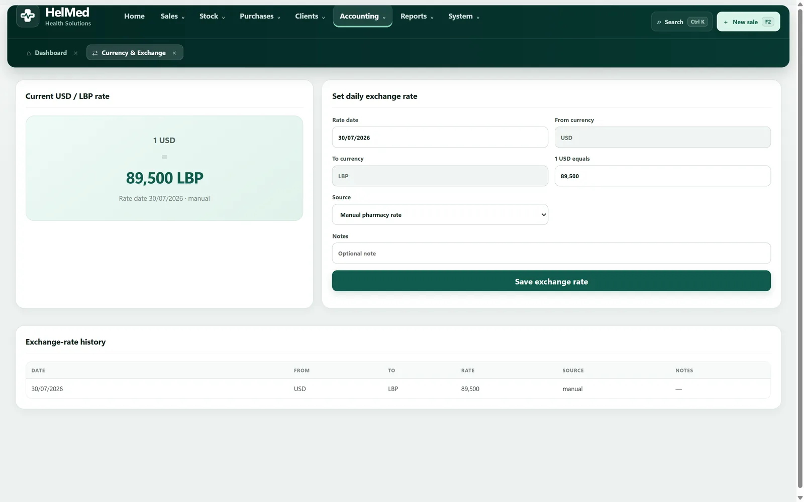 Currency and exchange screen showing one US dollar equal to 89,500 lira, a form for setting the daily rate, and the exchange-rate history below it.